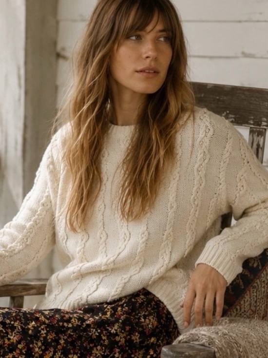 Leslie Fay Sweaters - VTG 90s Leslie Fay Pearl Cable Knit Ramie Cotton Oversized Sweater Cottagecore S